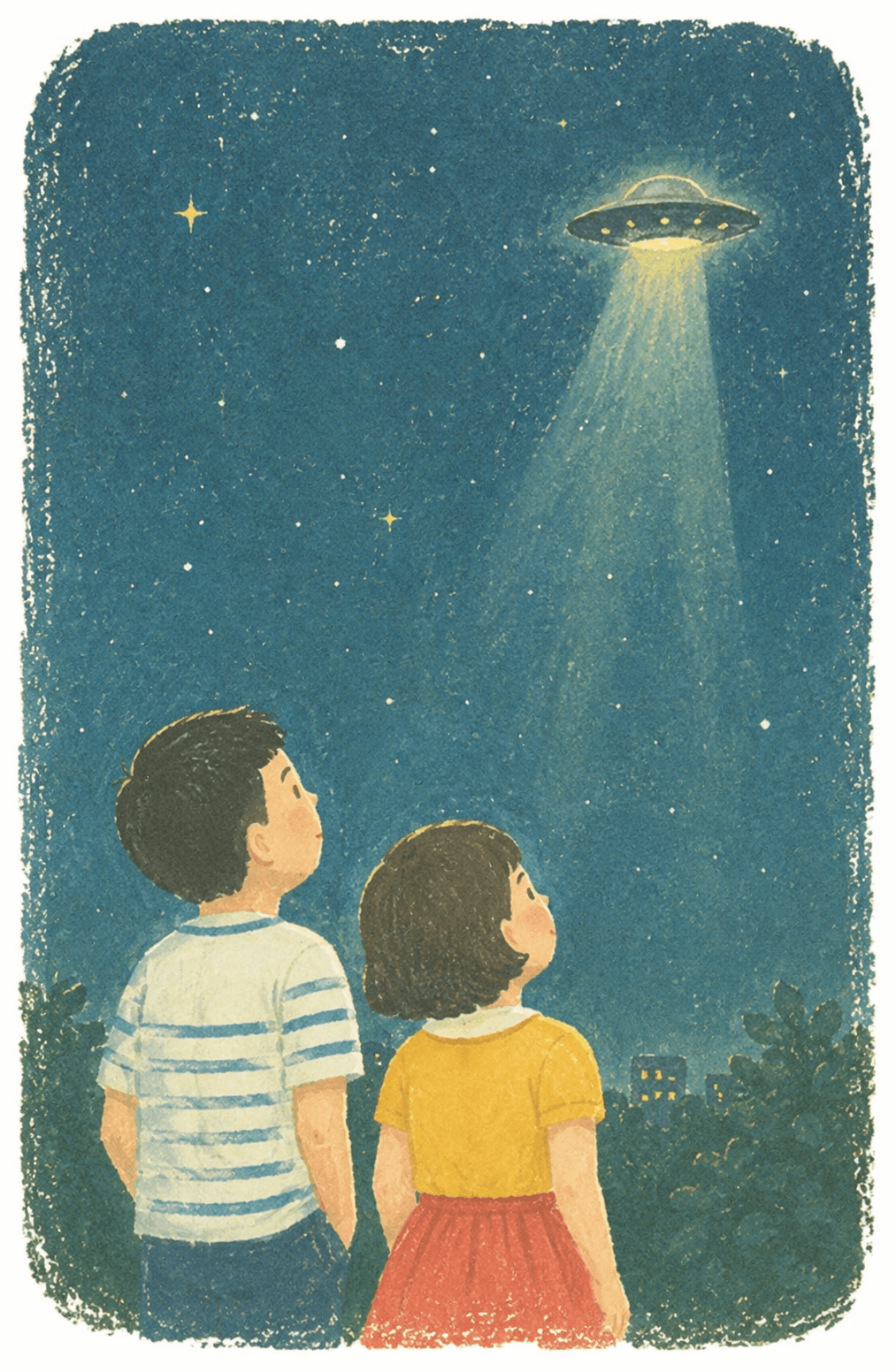 夜空に浮かぶUFOを見上げる子どもたちのイラスト